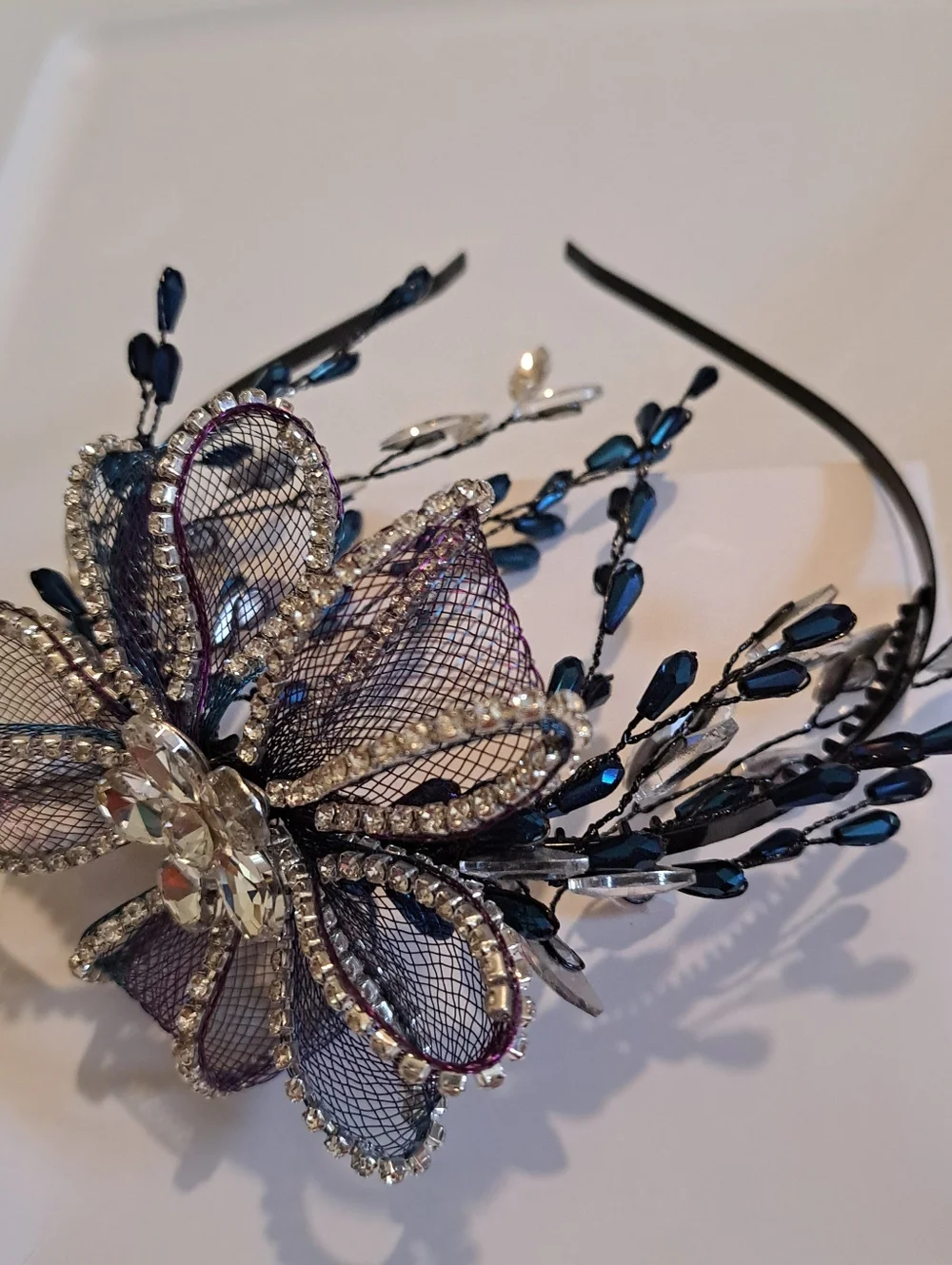 Goth Bride Headband Purple Mesh Crystal Blue-Black Rhinestones